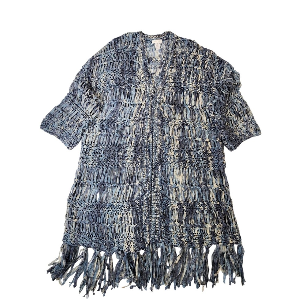 Chico's Open Front Longline Cardigan 2(L/12) Blue Ribbon Knit Fringe Boho Costal